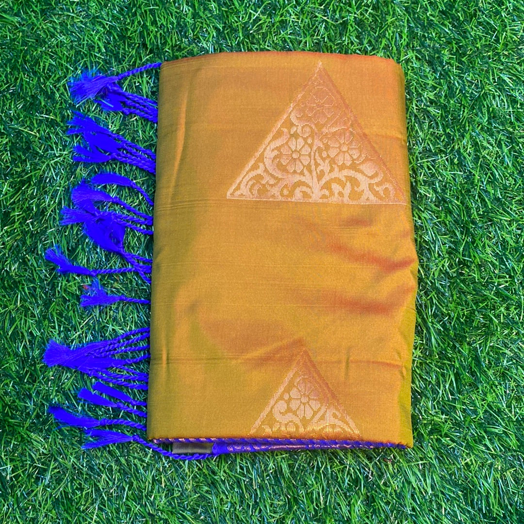 Kanjivaram Tissue Border Soft Silk Sarees (Brown and Blue Colour)