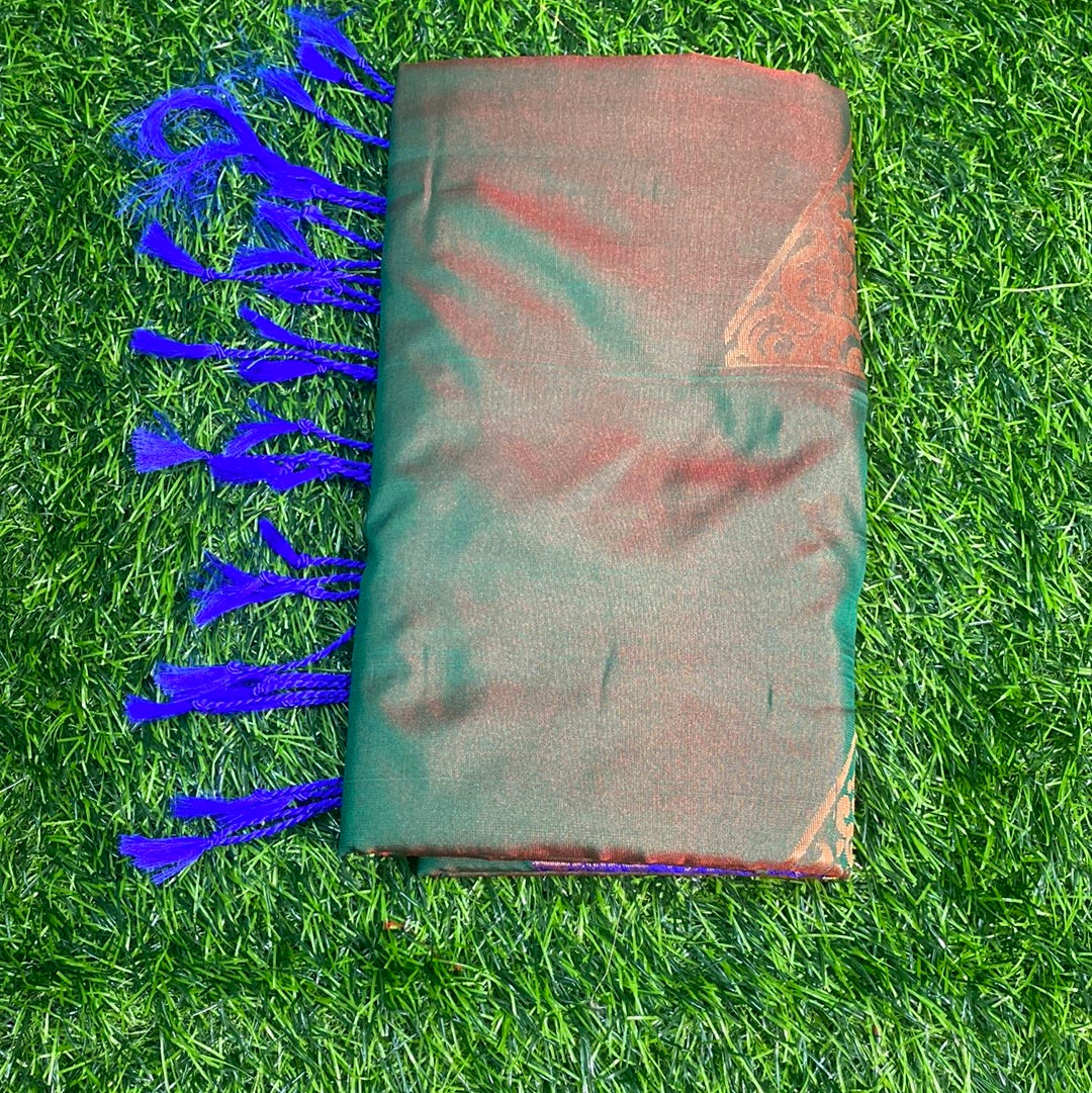 Kanjivaram Tissue Border Soft Silk Sarees (Mehandi Green and Roya Blue Colour)