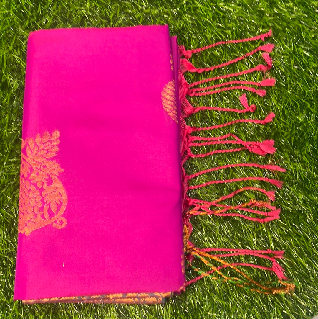 Kanjivaram Tissue Border Soft Silk Sarees (Dark Pink & Green)