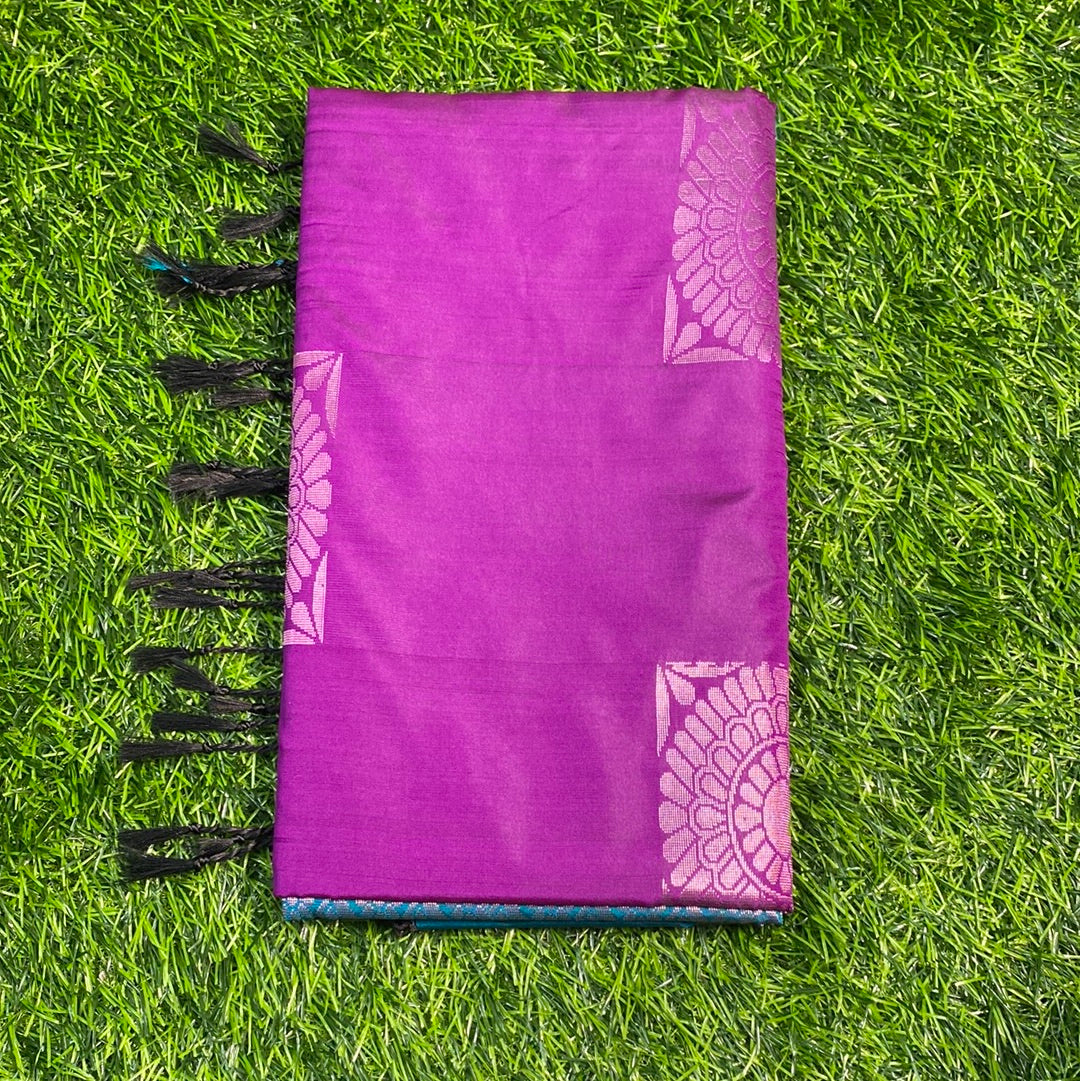 Kanjivaram Tissue Border Soft Silk Sarees (Purple and Sea Green Colour)