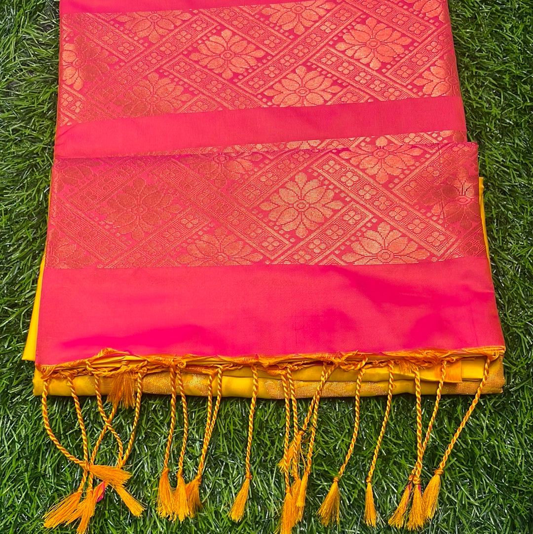 Kanjivaram Tissue Border Soft Silk Sarees (Mustard and Pink)
