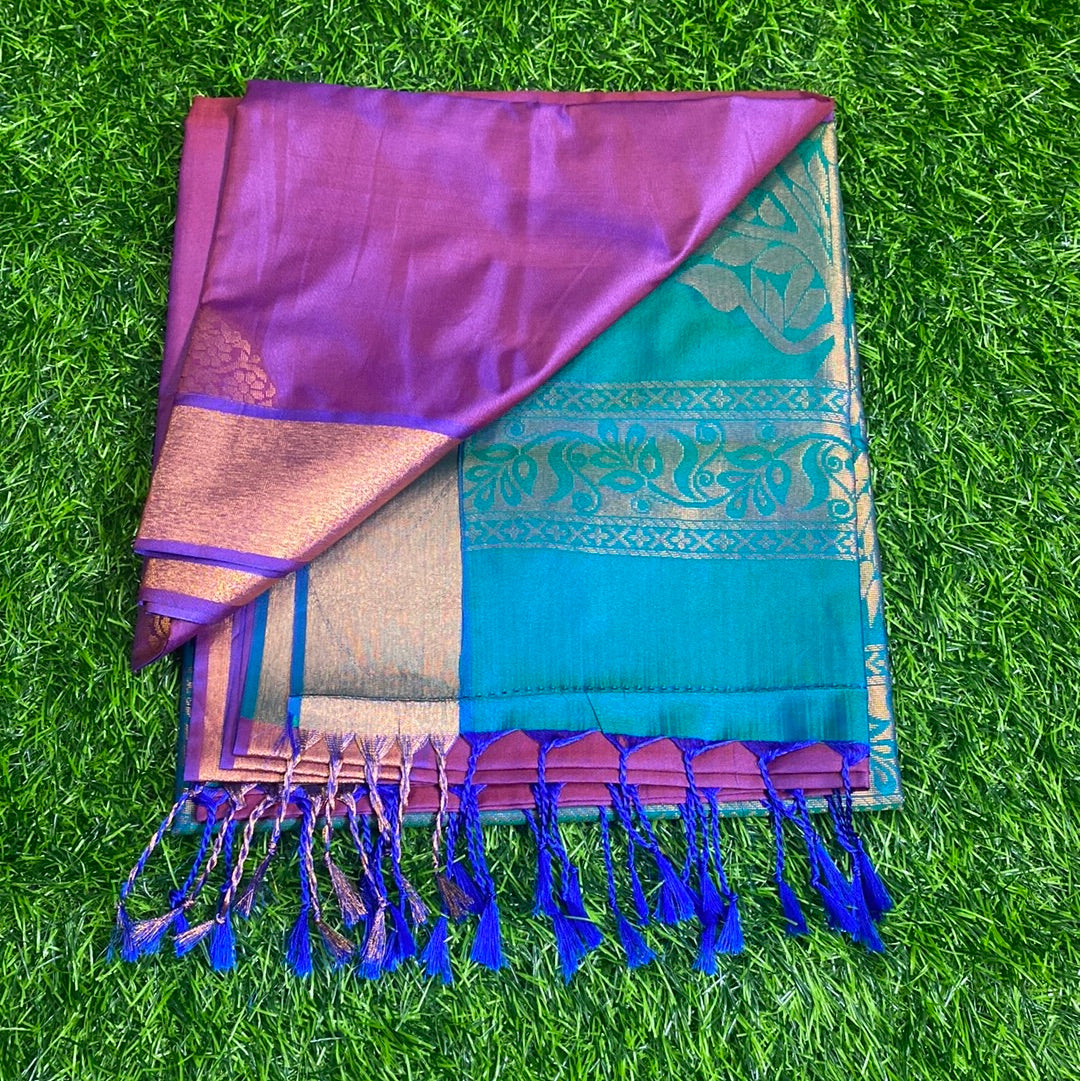 Kanjivaram Tissue Border Soft Silk Sarees (Purple and Green Colour)
