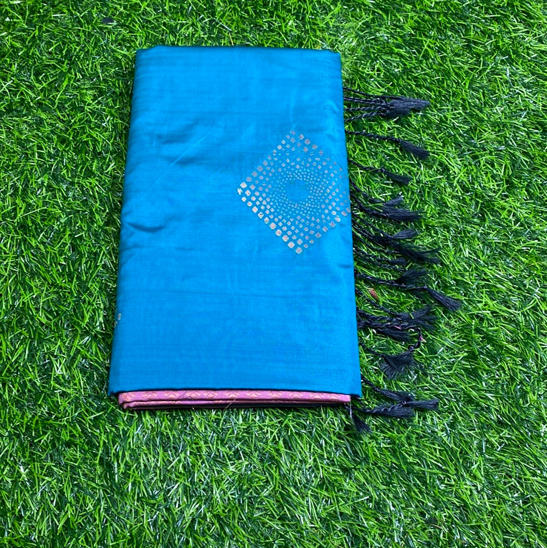 Kanjivaram Tissue Border Soft Silk Sarees (Teal and Peach Colour)