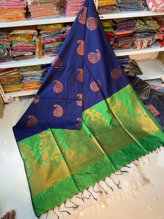 Kanjivaram Tissue Border Soft Silk Sarees (Blue & Green)