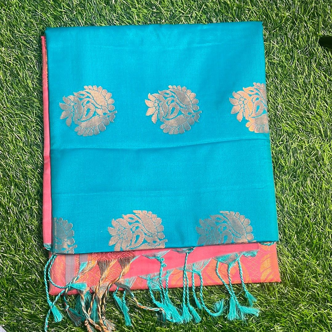 Kanjivaram Tissue Border Soft Silk Sarees (Sea Blue and Pink)