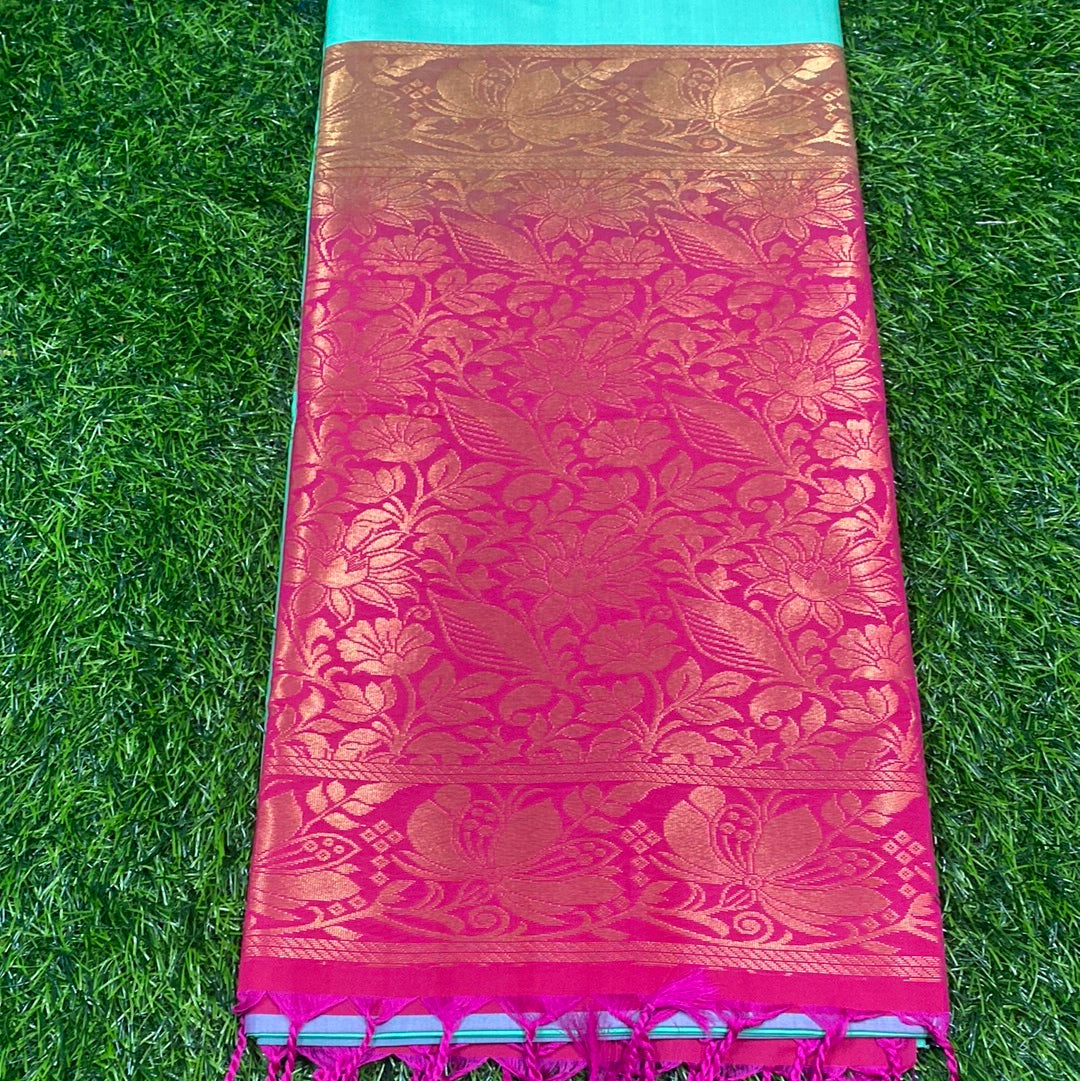 Kanjivaram Tissue Border Soft Silk Sarees (Green and Pink Colour)