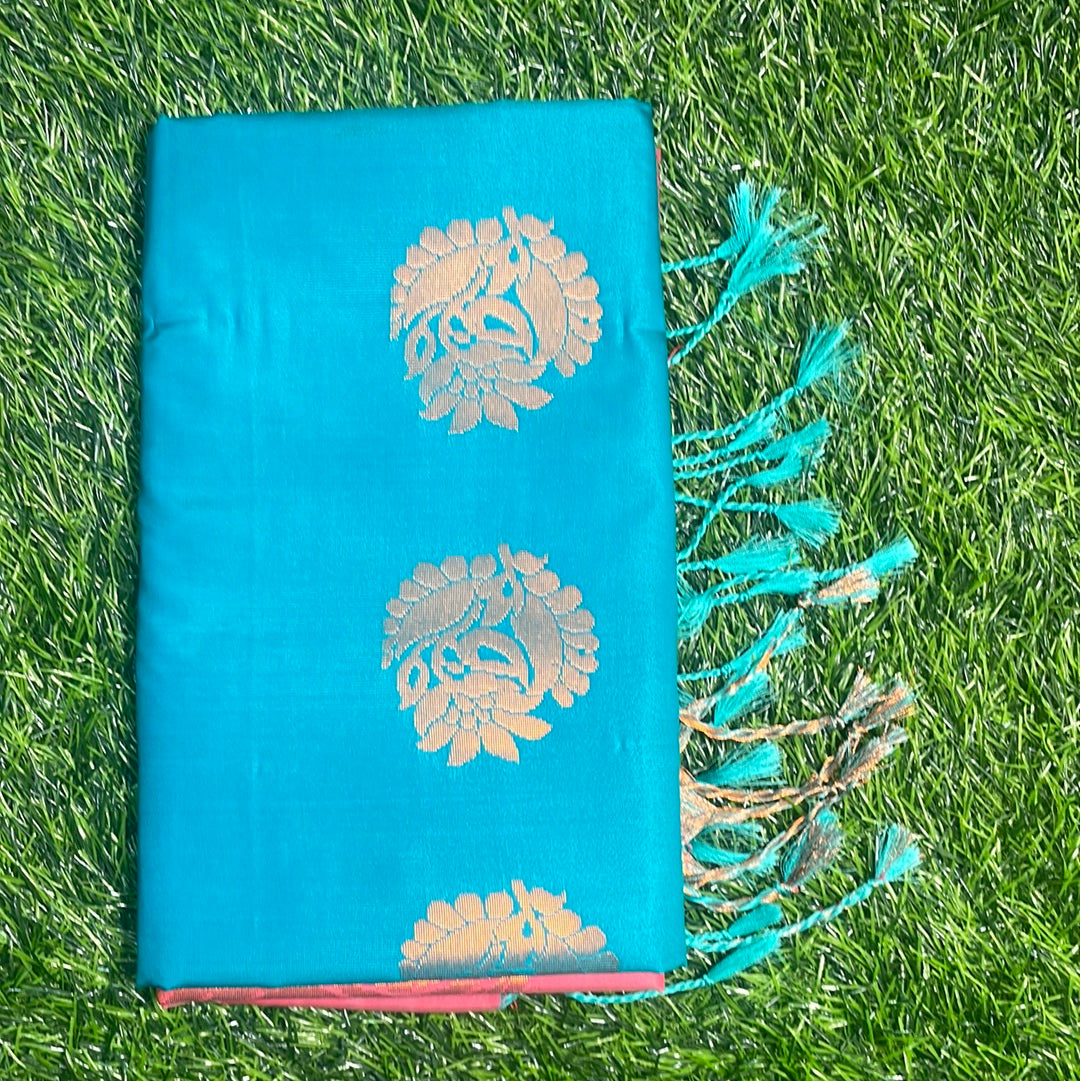 Kanjivaram Tissue Border Soft Silk Sarees (Sea Blue and Pink)