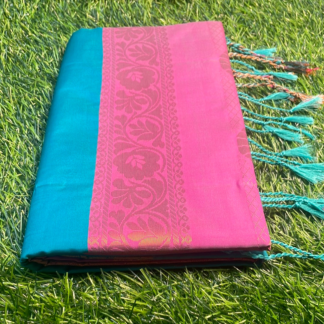 Kanjivaram Tissue Border Soft Silk Sarees (Sea Blue and Light Pink)