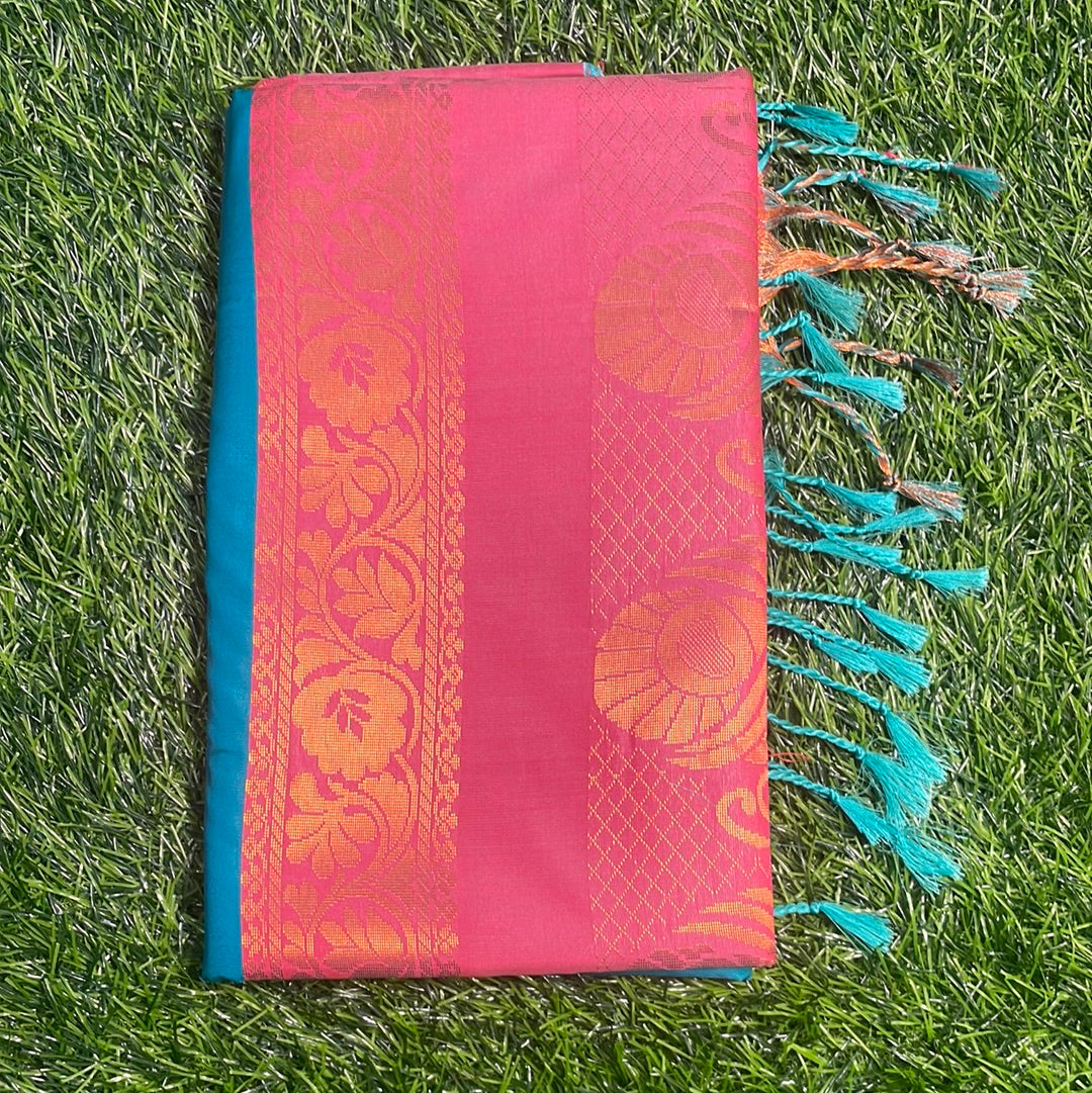 Kanjivaram Tissue Border Soft Silk Sarees (Sea Blue and Pink)