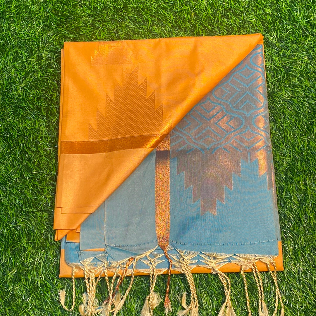Kanjivaram Tissue Border Soft Silk Sarees (Orange and Sea Blue Colour)