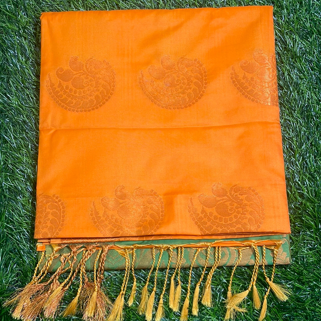 Kanjivaram Tissue Border Soft Silk Sarees (Orange and Green)