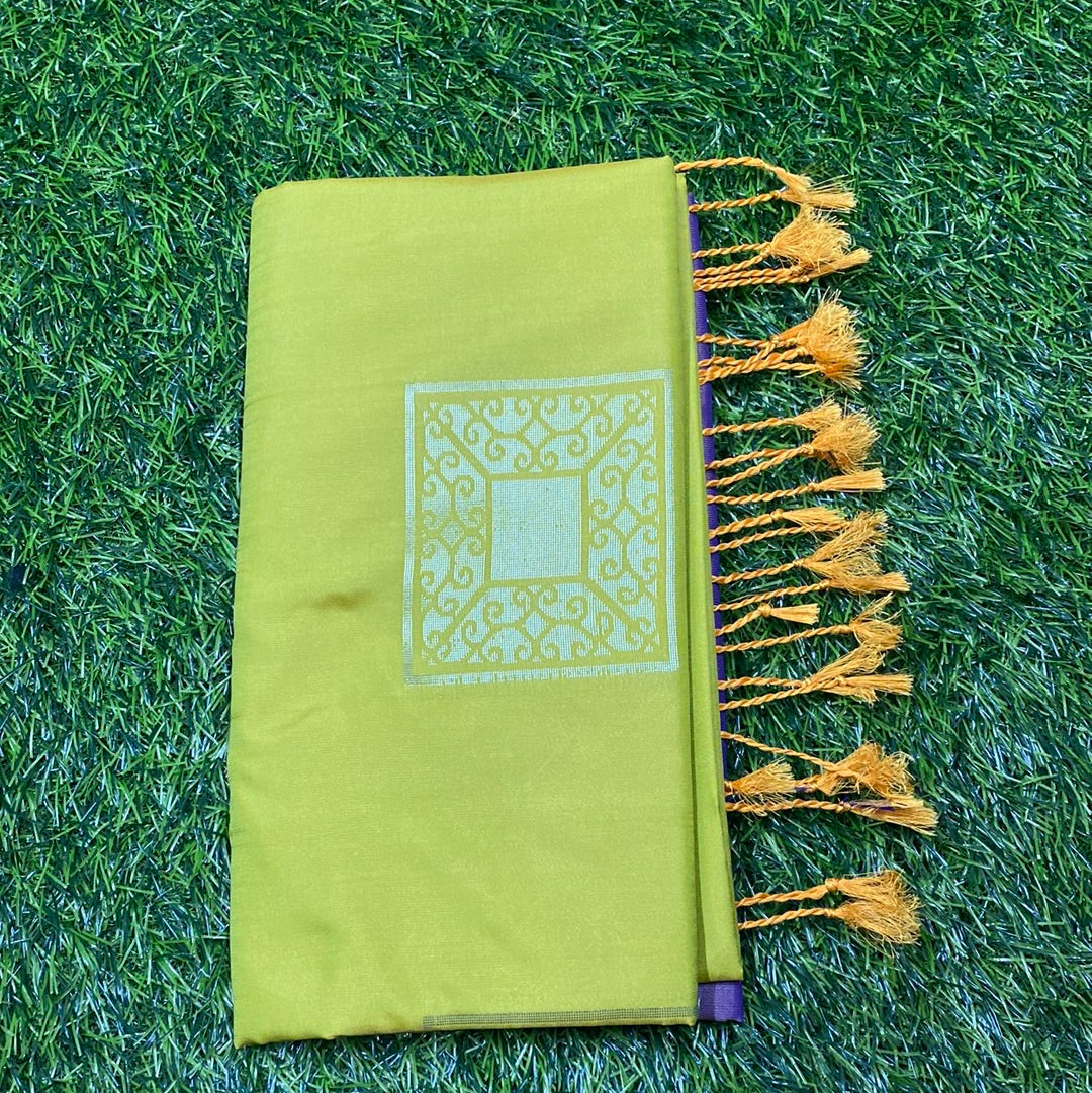 Kanjivaram Tissue Border Soft Silk Sarees (Lemon Green and Purple Colour)