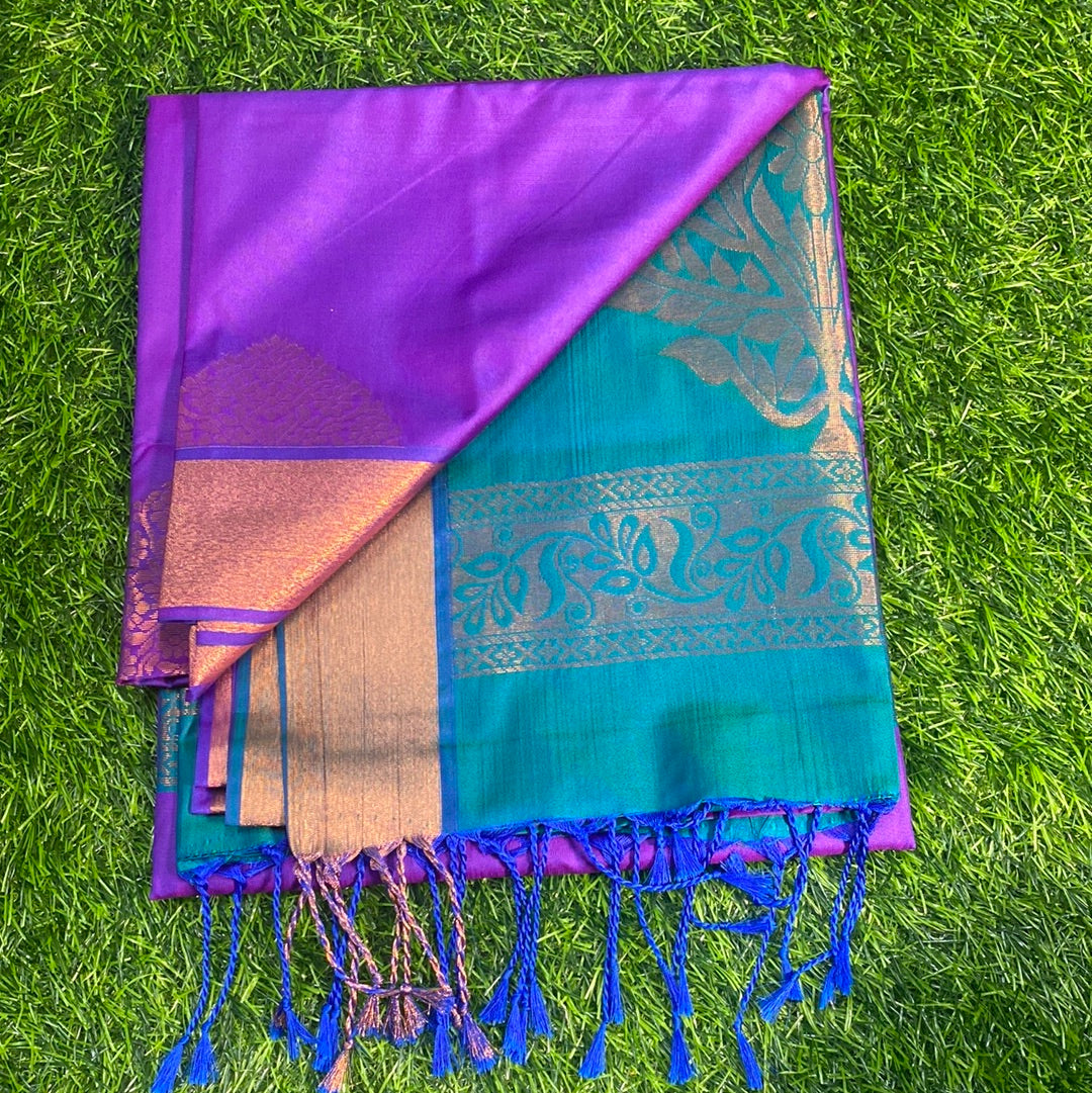 Kanjivaram Tissue Border Soft Silk Sarees (Purple and Olive Colour)