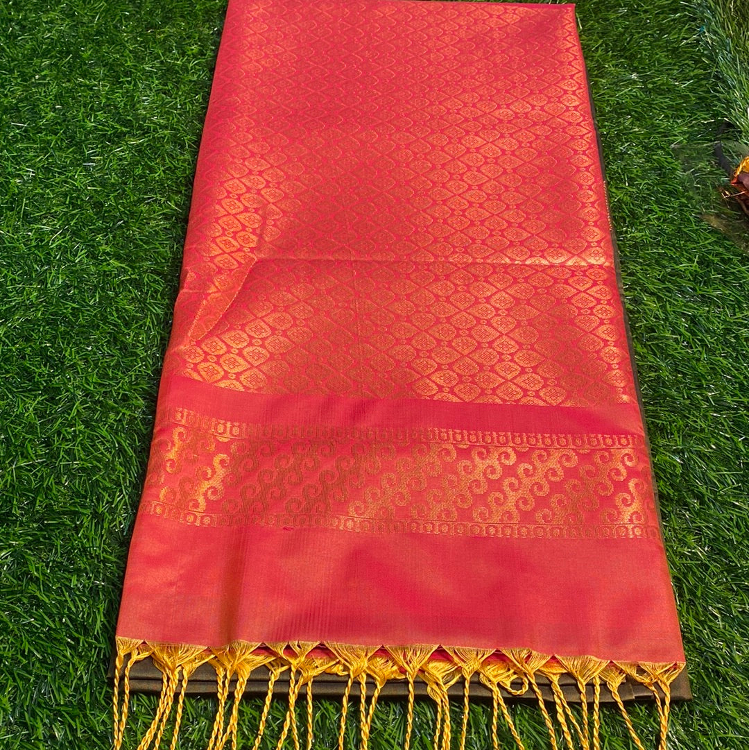 Kanjivaram Tissue Border Soft Silk Sarees (Green and Orange Colour)