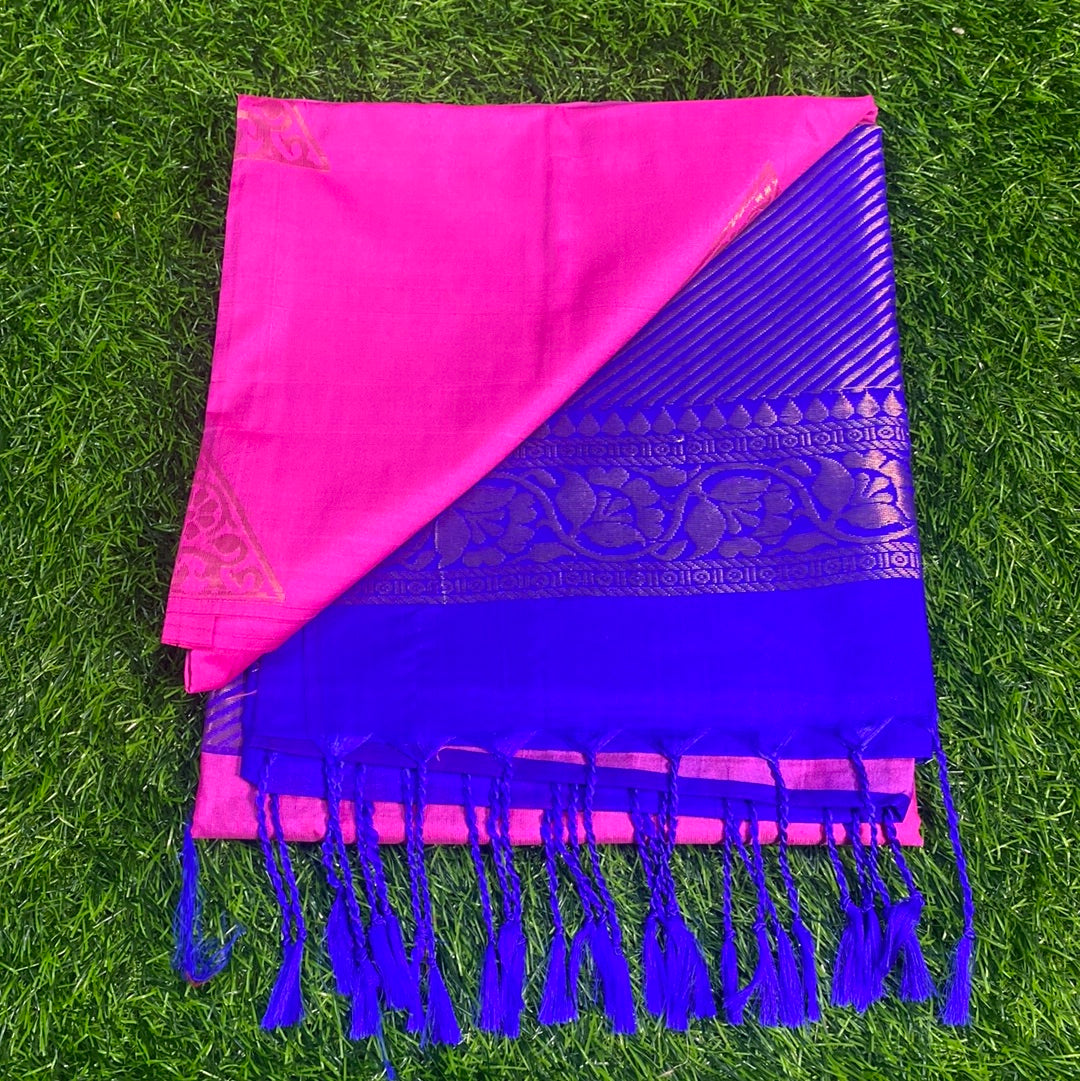 Kanjivaram Tissue Border Soft Silk Sarees (Pink and Royal Blue Colour)