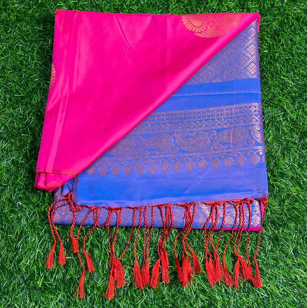 Kanjivaram Tissue Border Soft Silk Sarees (Pink and Blue Colour)