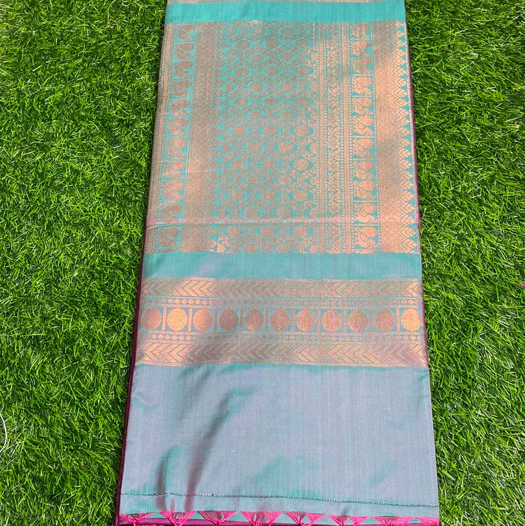 Kanjivaram Tissue Border Soft Silk Sarees (Purple and Sea Green Colour)
