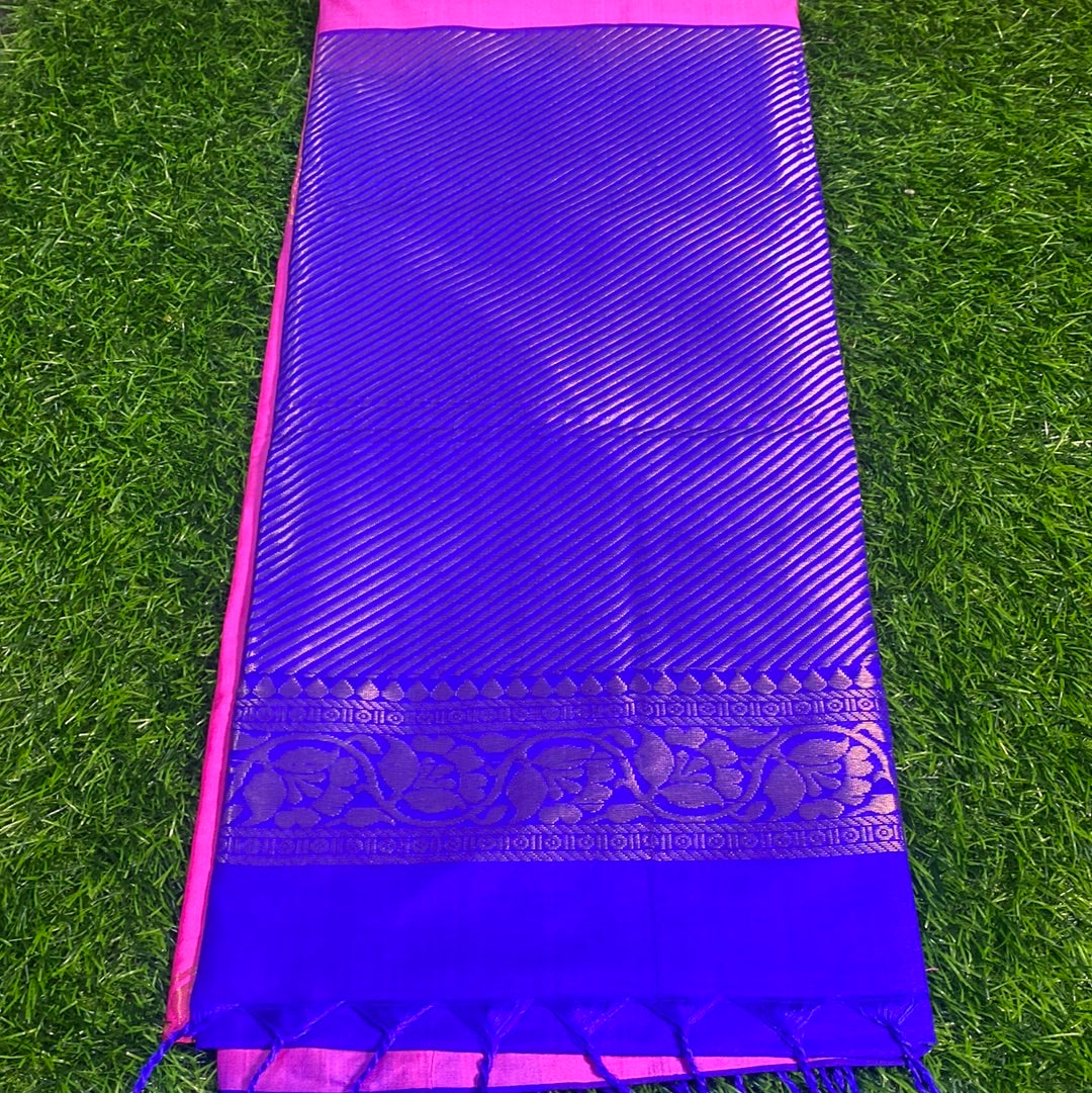 Kanjivaram Tissue Border Soft Silk Sarees (Pink and Royal Blue Colour)