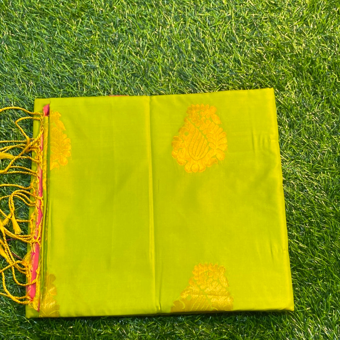 Kanjivaram Tissue Border Soft Silk Sarees (Lime Green and Pink)