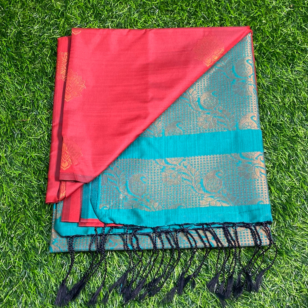 Kanjivaram Tissue Border Soft Silk Sarees (Maroon and Sea Green Colour)