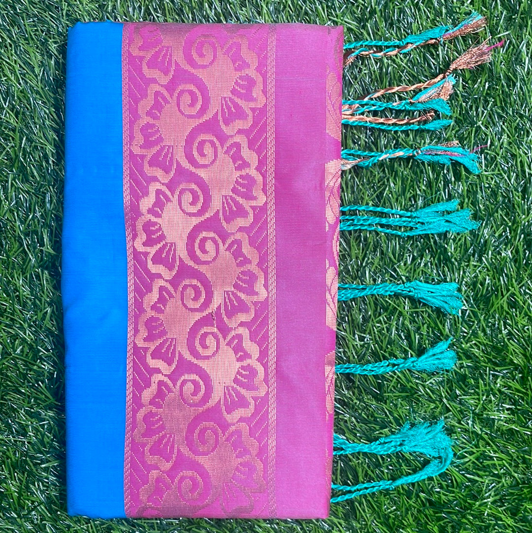 Kanjivaram Tissue Border Soft Silk Saree's (Sea Blue and Pink)