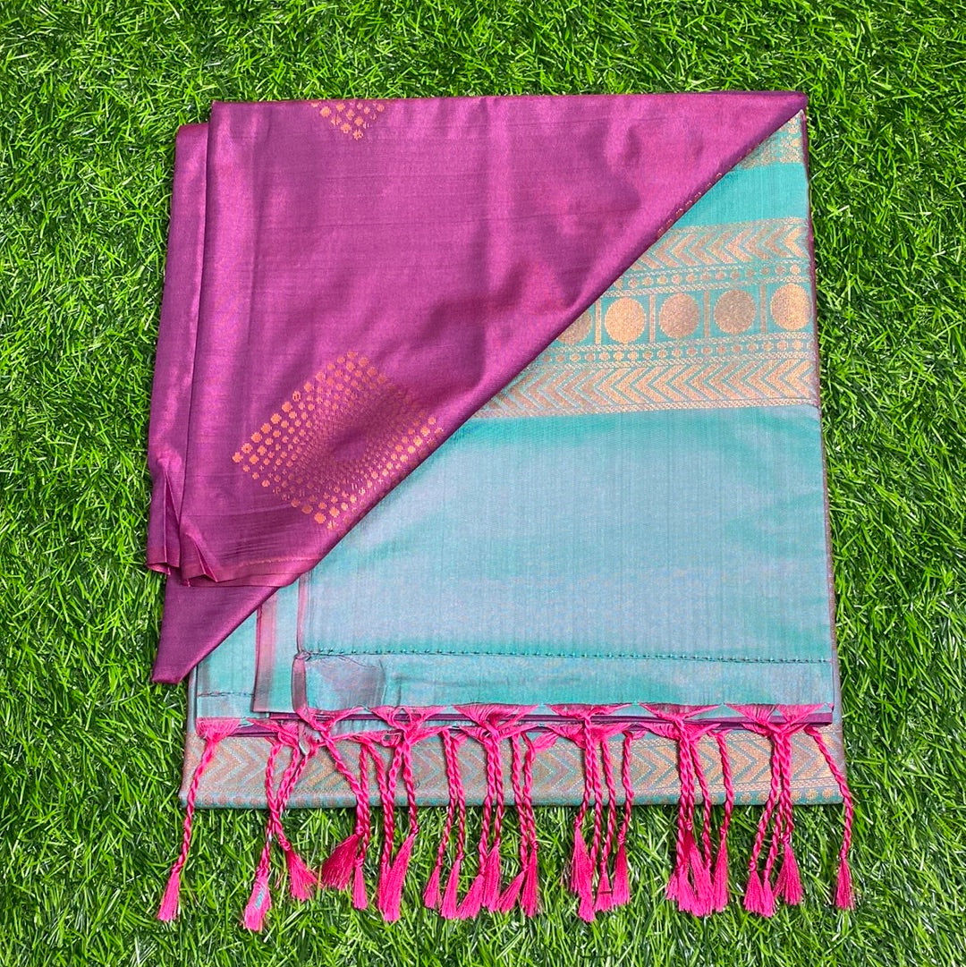Kanjivaram Tissue Border Soft Silk Sarees (Purple and Sea Green Colour)