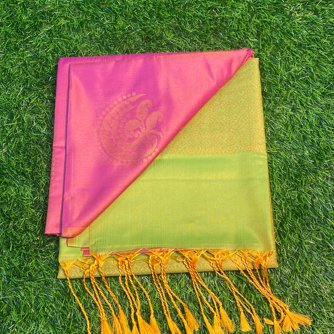 Kanjivaram Tissue Border Soft Silk Sarees (Pink and Sea Green Colour)