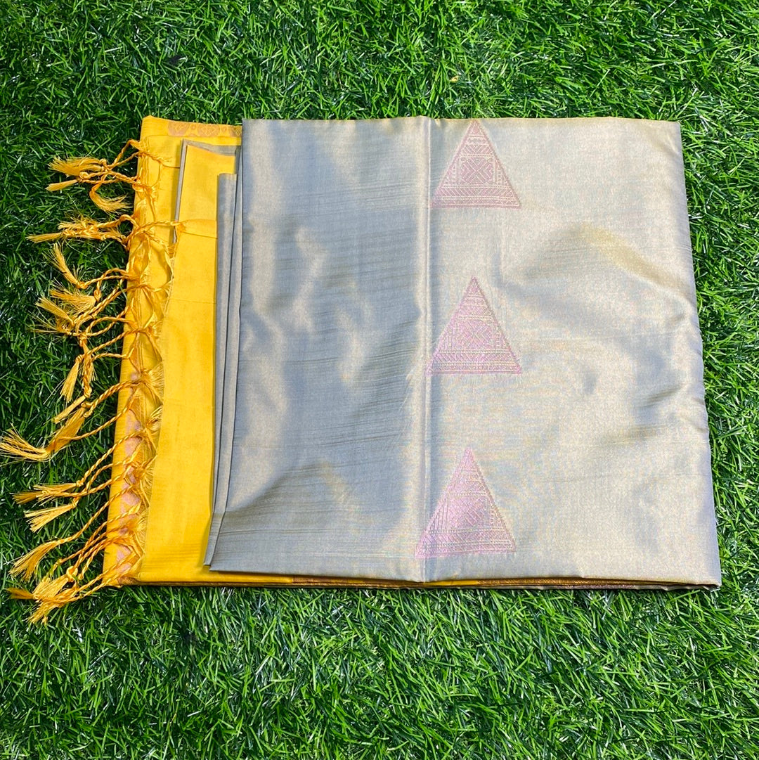 Kanjivaram Tissue Border Soft Silk Sarees (Olive and Yellow Colour)