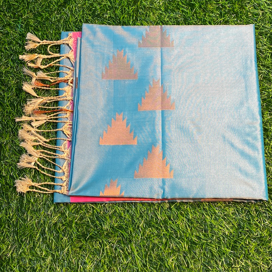 Kanjivaram Tissue Border Soft Silk Sarees (Sea Blue and Pink Colour)