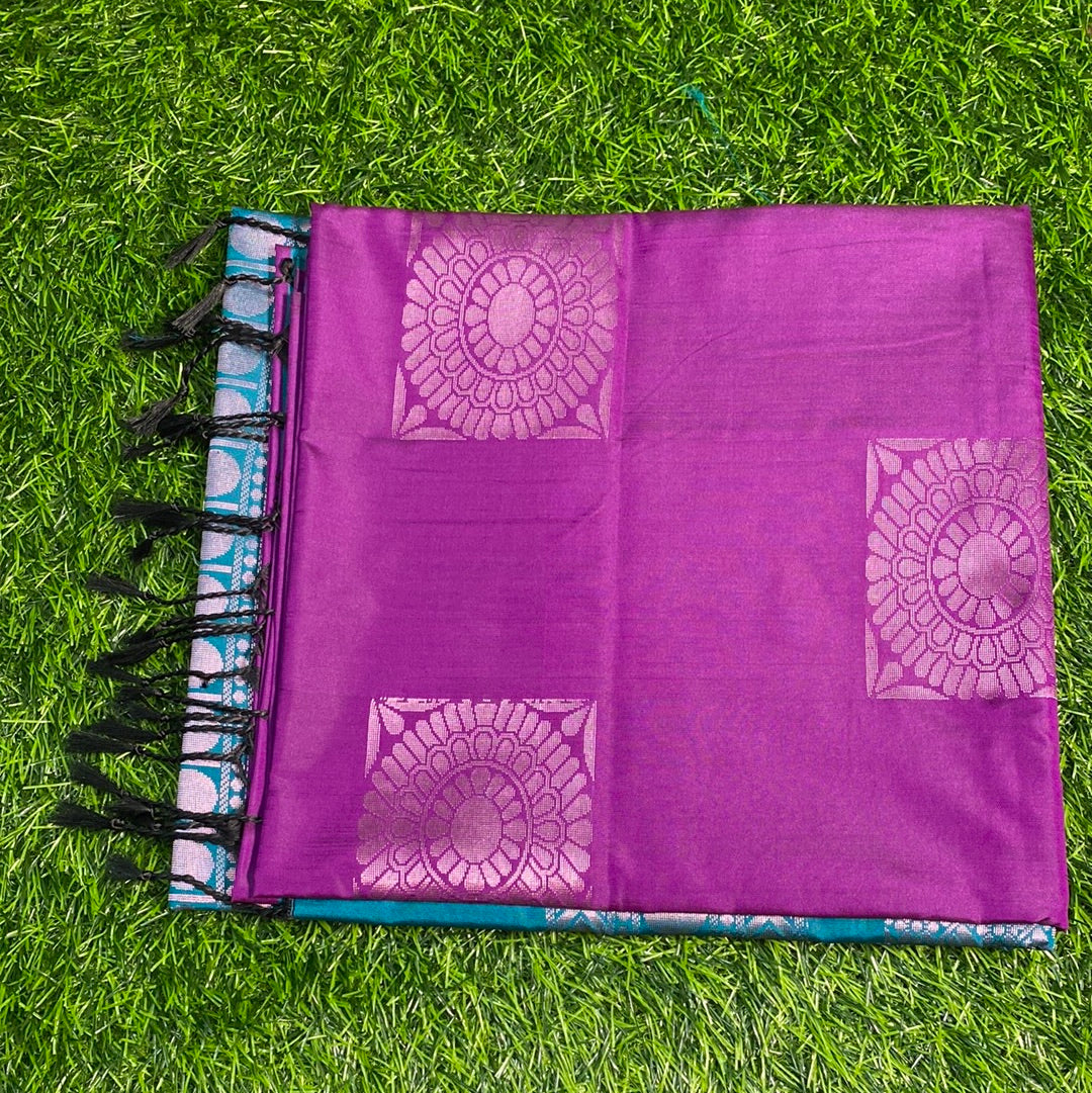 Kanjivaram Tissue Border Soft Silk Sarees (Purple and Sea Green Colour)