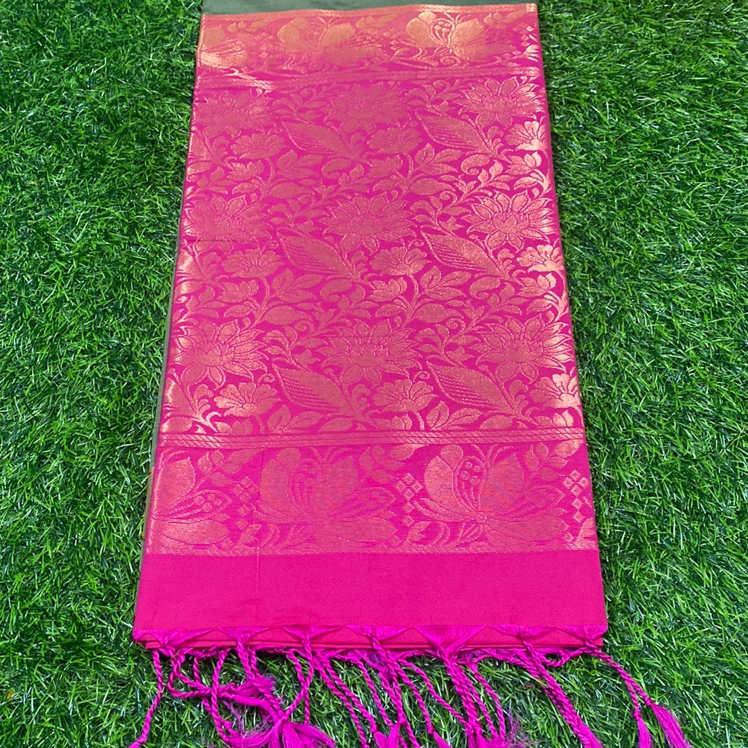 Kanjivaram Tissue Border Soft Silk Sarees (Green and Pink Colour)