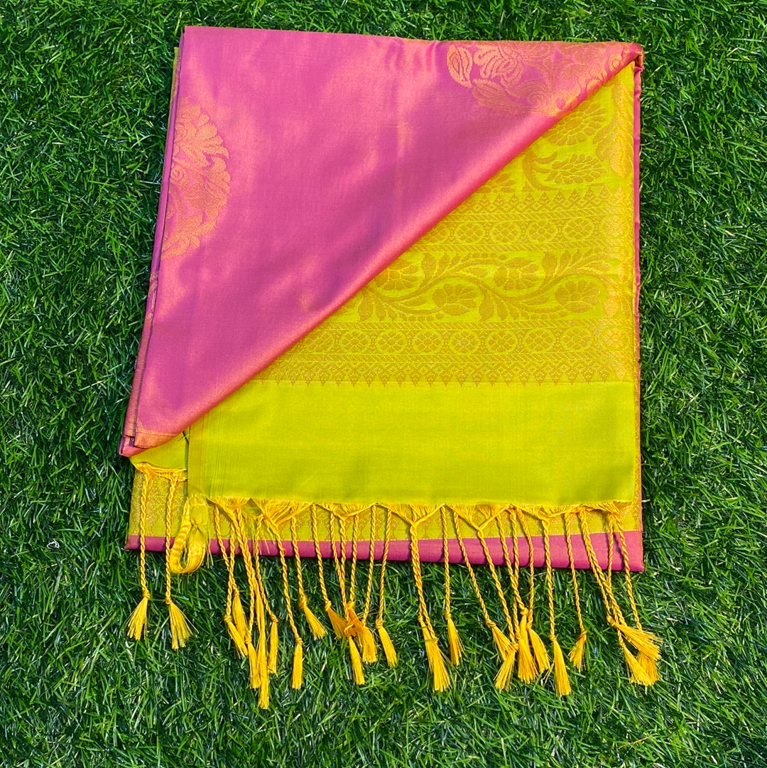 Kanjivaram Tissue Border Soft Silk Sarees (Pink and Green Colour)