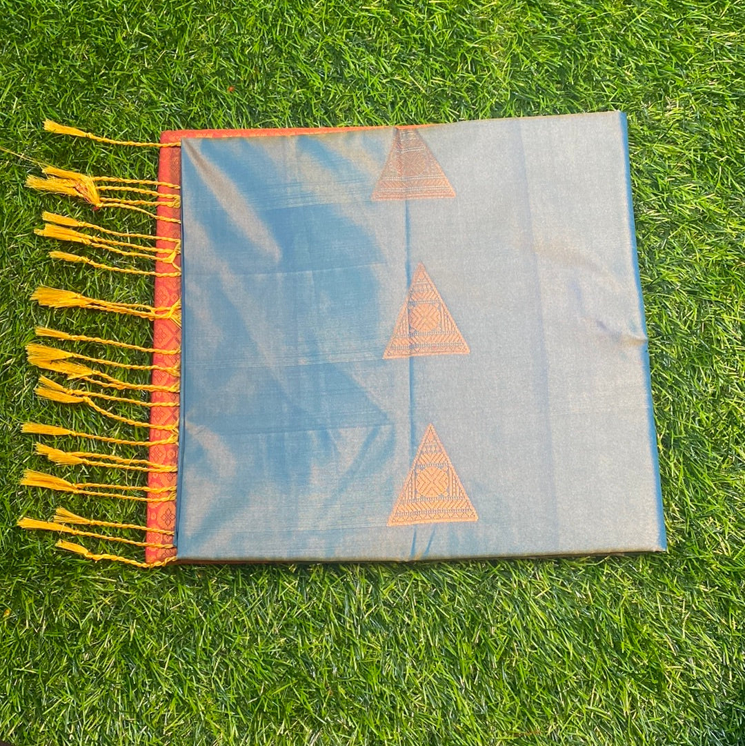 Kanjivaram Tissue Border Soft Silk Sarees (Sea Green and Orange Colour)