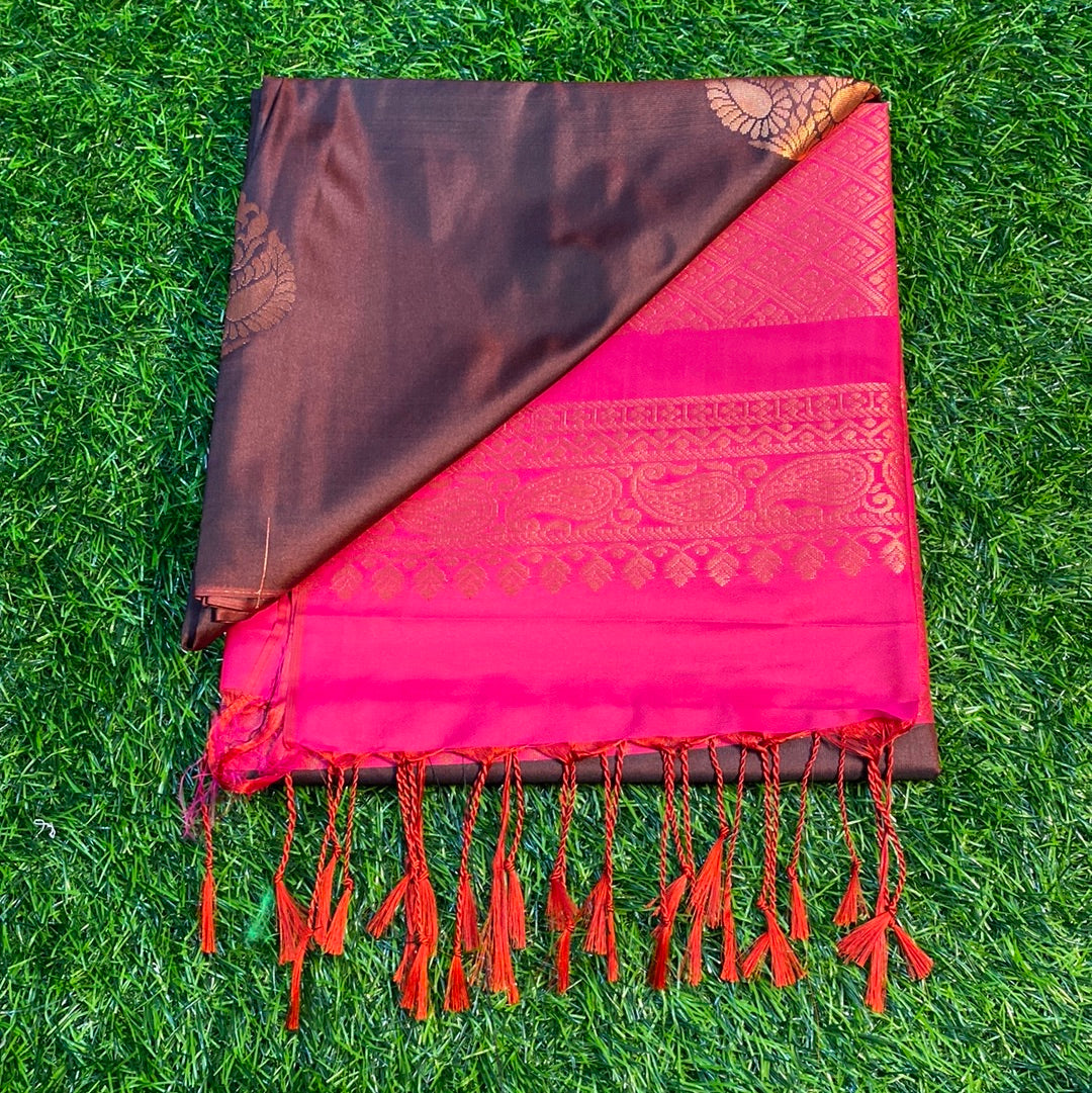 Kanjivaram Tissue Border Soft Silk Sarees (Brown and Pink Colour)