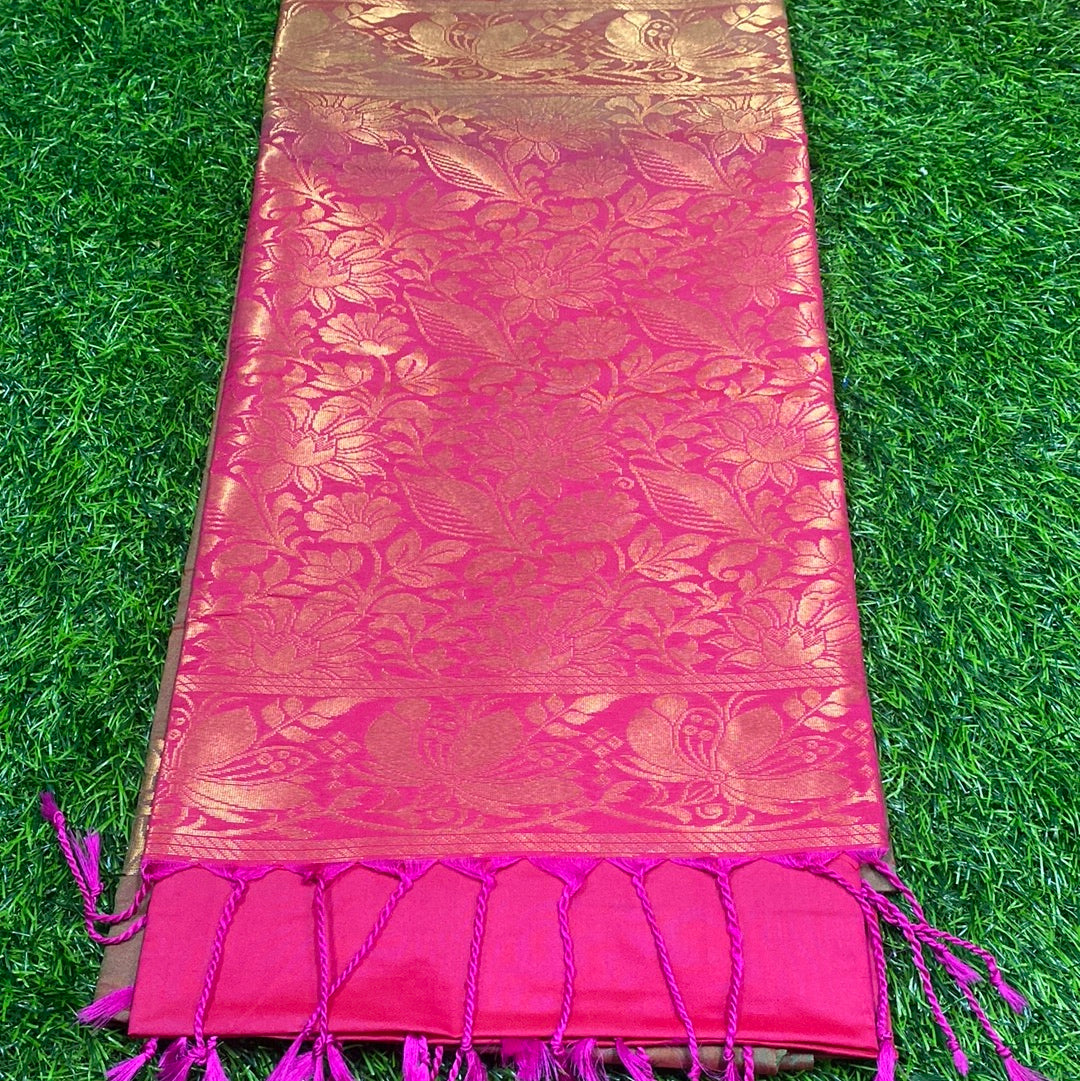 Kanjivaram Tissue Border Soft Silk Sarees (Brown and Pink Colour)