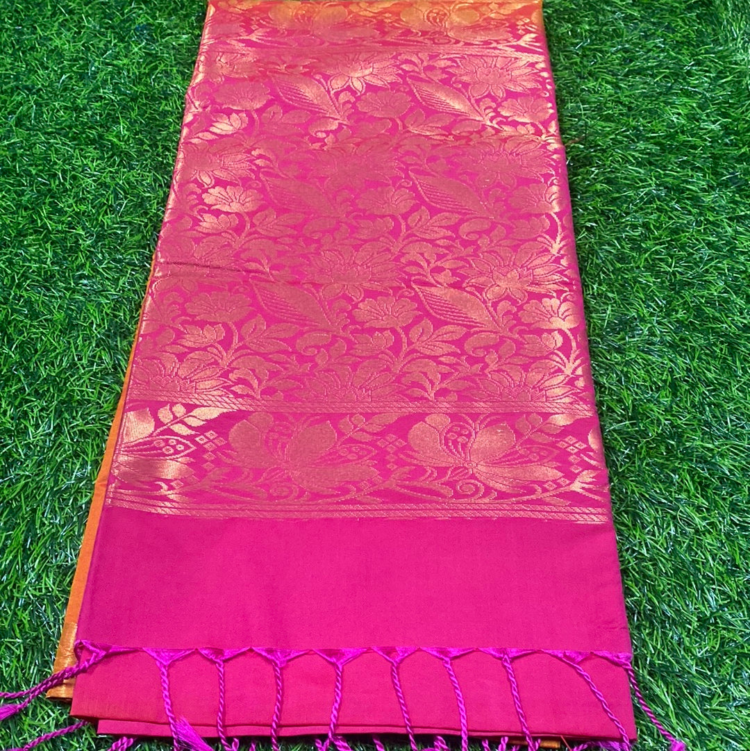 Kanjivaram Tissue Border Soft Silk Sarees (Orange and Pink Colour)