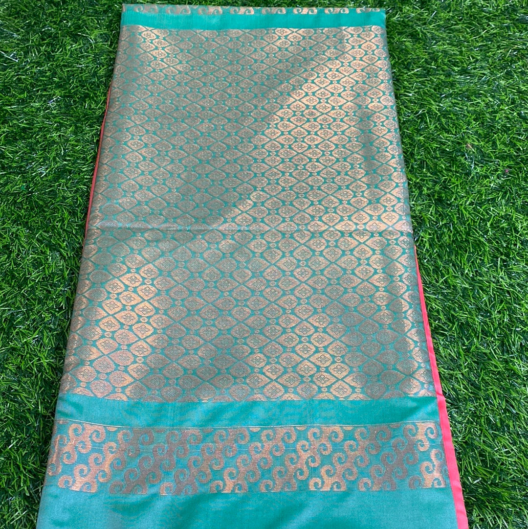 Kanjivaram Tissue Border Soft Silk Sarees (Pink and Sea Green Colour)