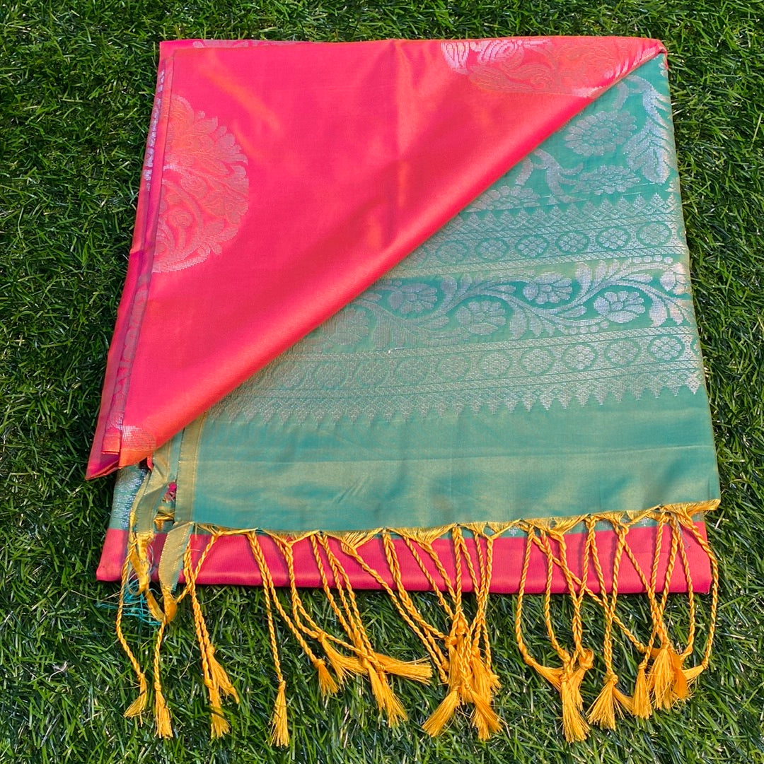 Kanjivaram Tissue Border Soft Silk Sarees (Orange and Sea Green Colour)