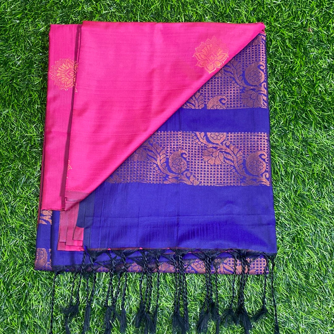 Kanjivaram Tissue Border Soft Silk Sarees (Pink and Blue Colour)