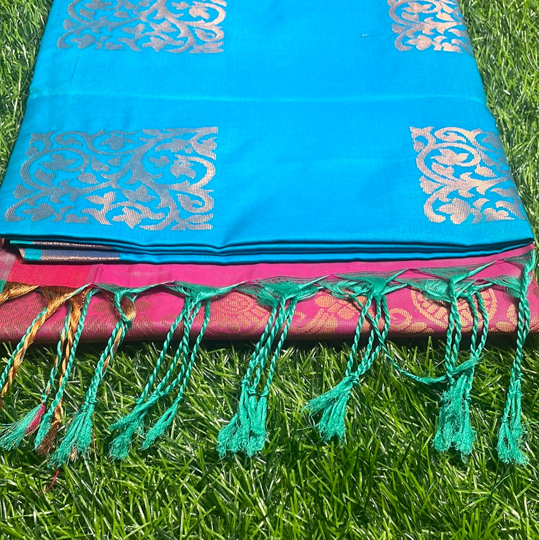 Kanjivaram Tissue Border Soft Silk Saree's (Sea Blue and Pink)