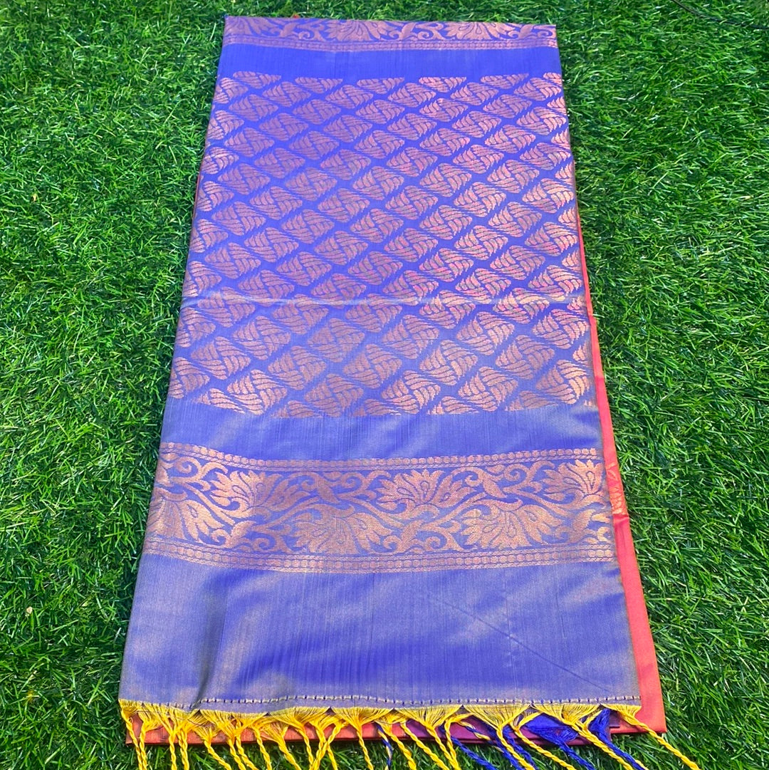 Kanjivaram Tissue Border Soft Silk Sarees (Orange and Blue Colour)