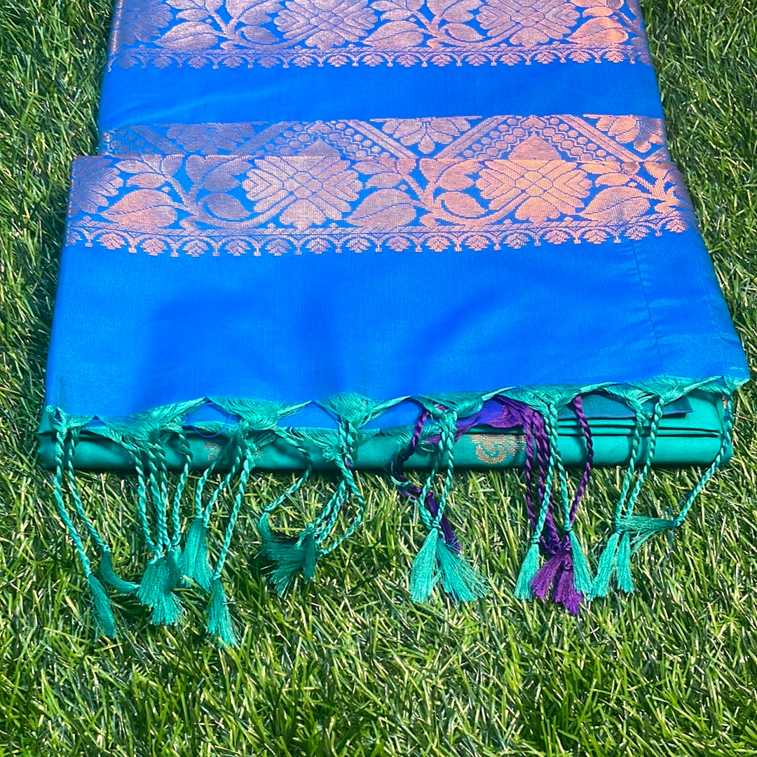 Kanjivaram Tissue Border Soft Silk Sarees (sea green and blue)