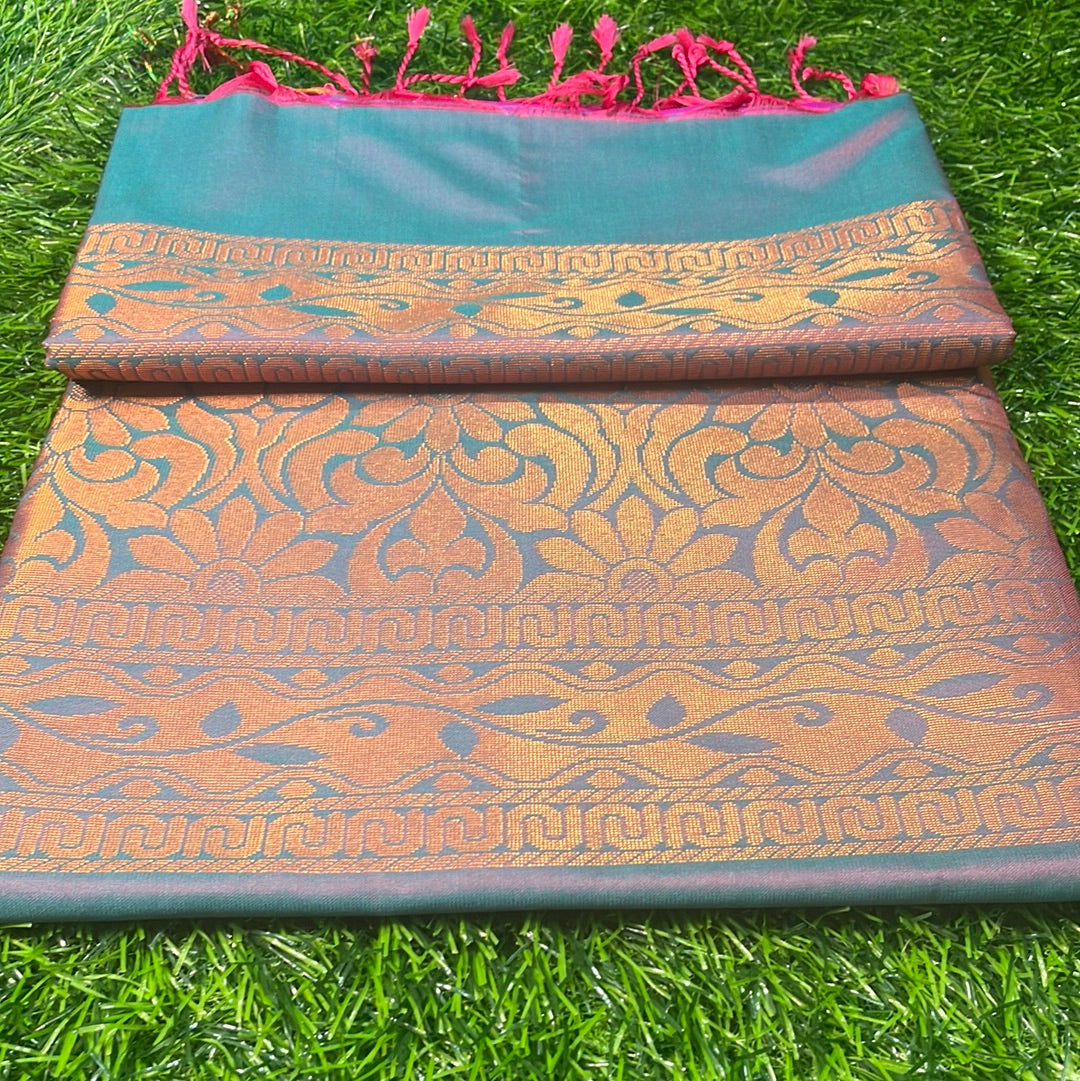 Kanjivaram Tissue Border Soft Silk Sarees (Dark Pink & Green)