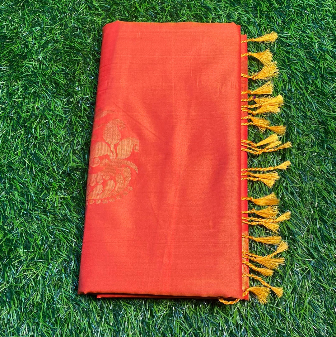 Kanjivaram Tissue Border Soft Silk Sarees (Orange and Brown Colour)