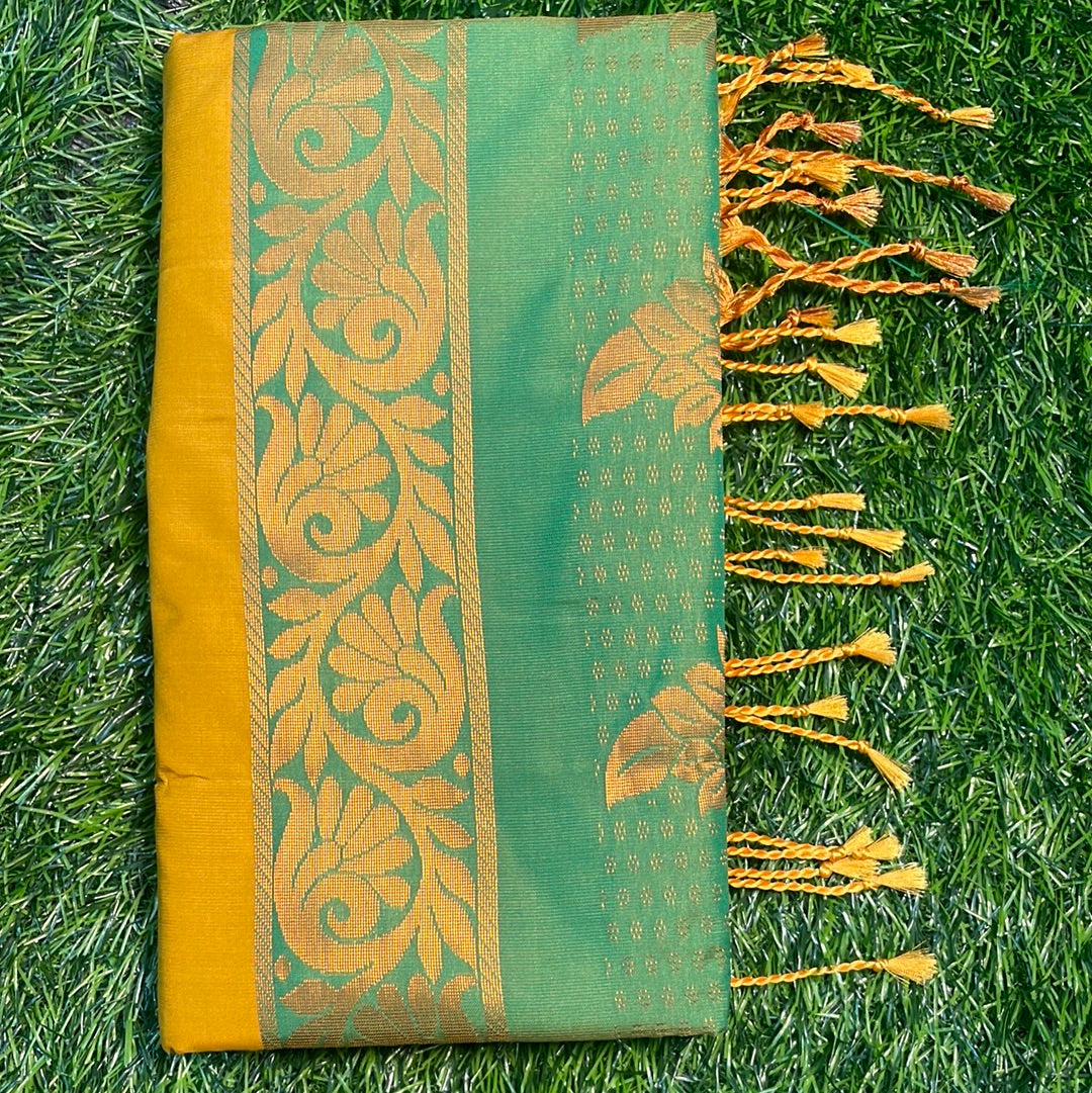 Kanjivaram Tissue Border Soft Silk Sarees (Mustard and Green)