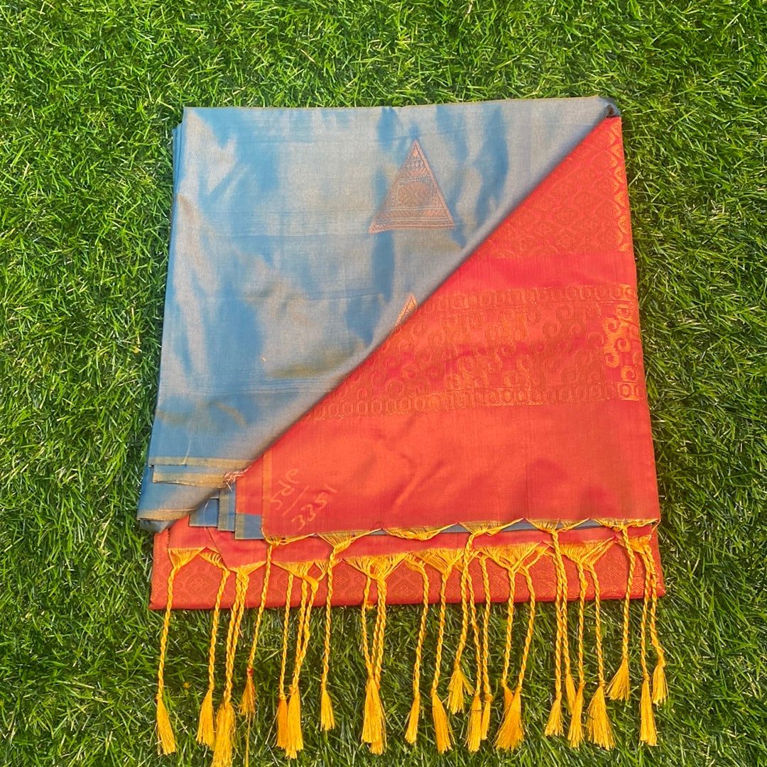 Kanjivaram Tissue Border Soft Silk Sarees (Sea Green and Orange Colour)