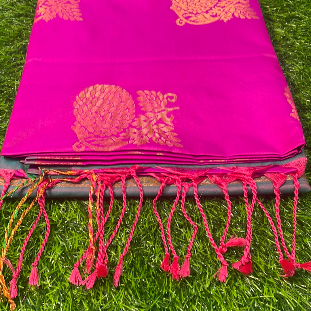 Kanjivaram Tissue Border Soft Silk Sarees (Dark Pink & Green)