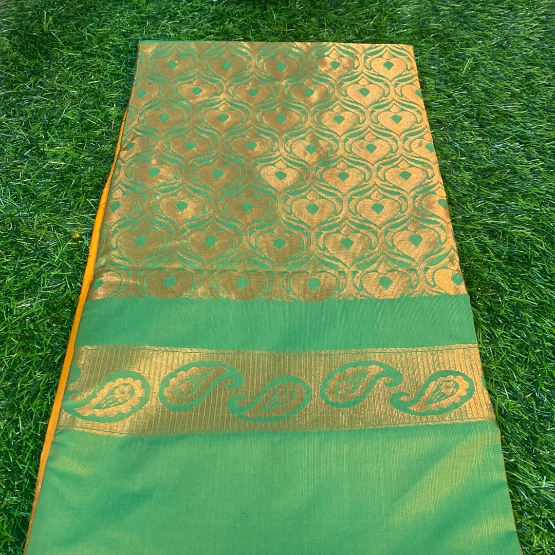 Kanjivaram Tissue Border Soft Silk Sarees (Orange and Green Colour)