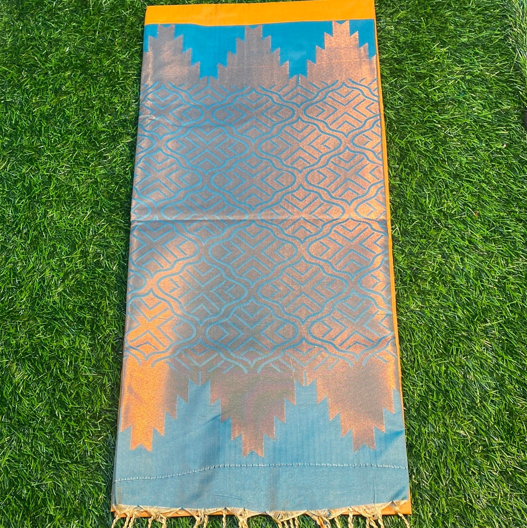 Kanjivaram Tissue Border Soft Silk Sarees (Orange and Sea Blue Colour)