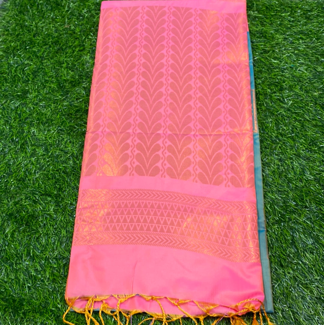 Kanjivaram Tissue Border Soft Silk Sarees (Sea Green and Pink Colour)